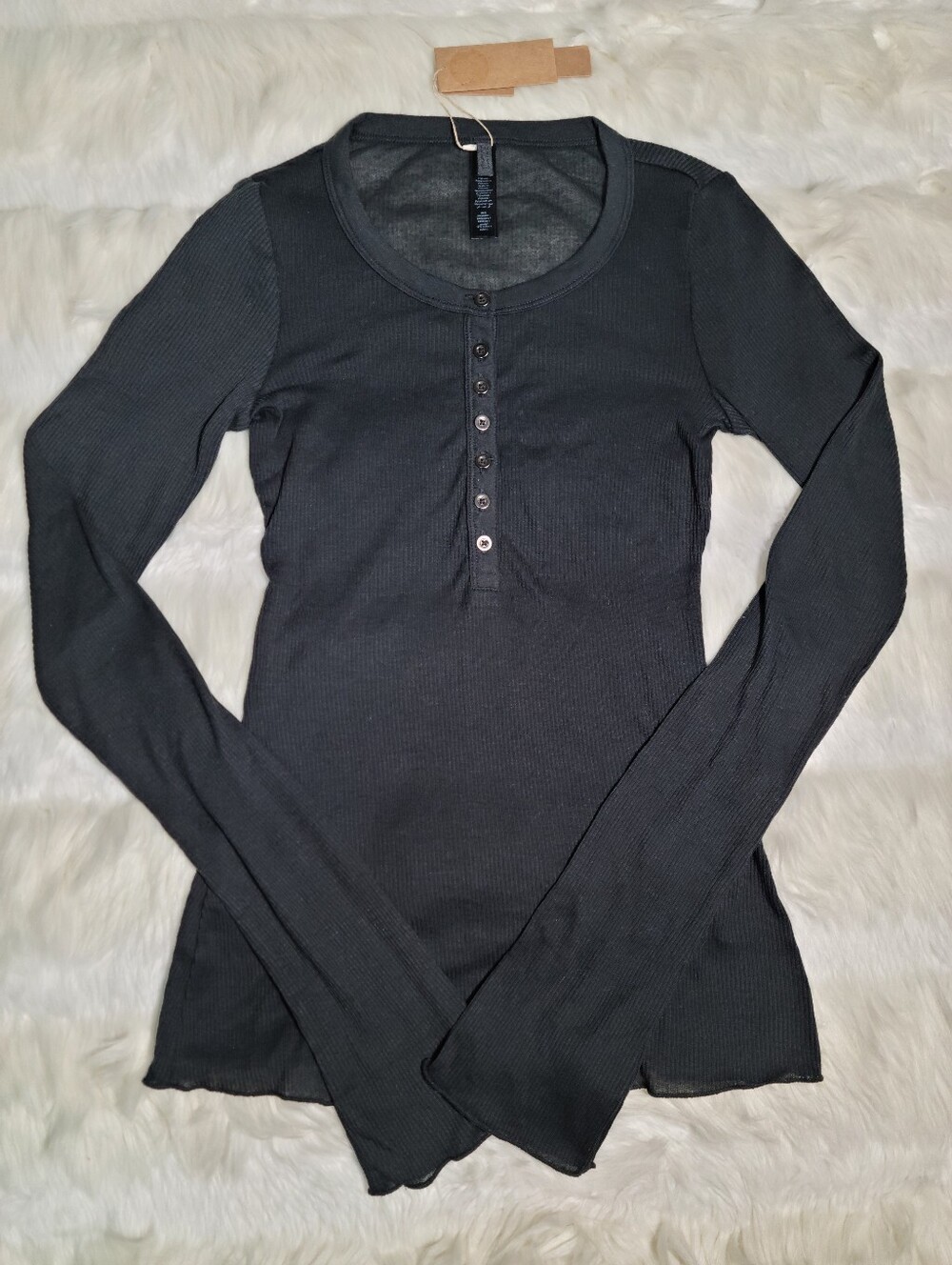 SKIMS Sheer Cotton Long Sleeve Henley Top Black Soot Women XS NEW